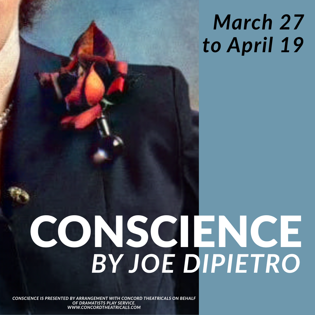 close up of woman in navy suit with a red rose pinned to her lapel. Text: Conscience by Joe DiPietro.