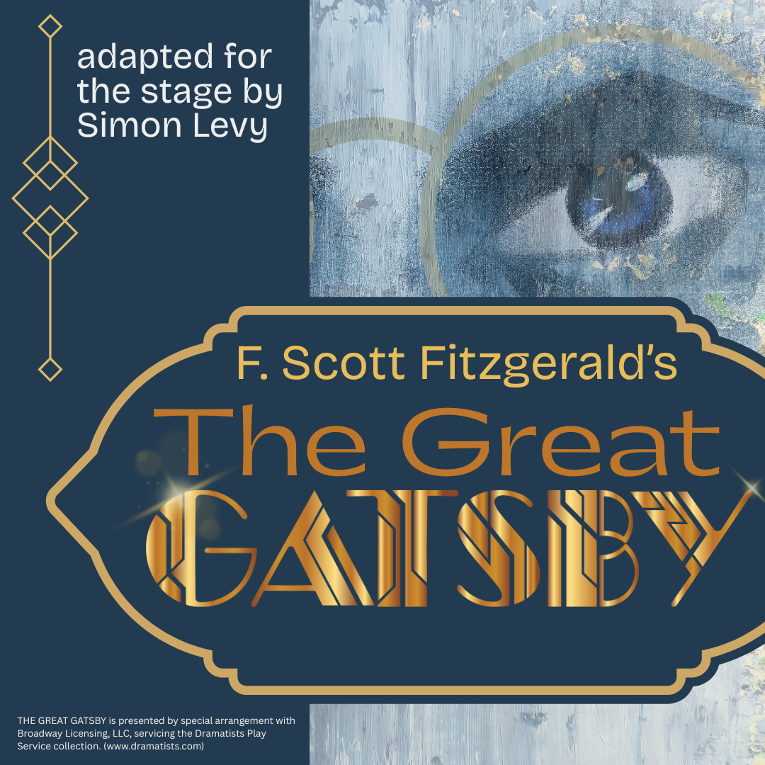 Art Deco–style poster for The Great Gatsby featuring gold lettering on a deep blue background with a stylized eye above the title.