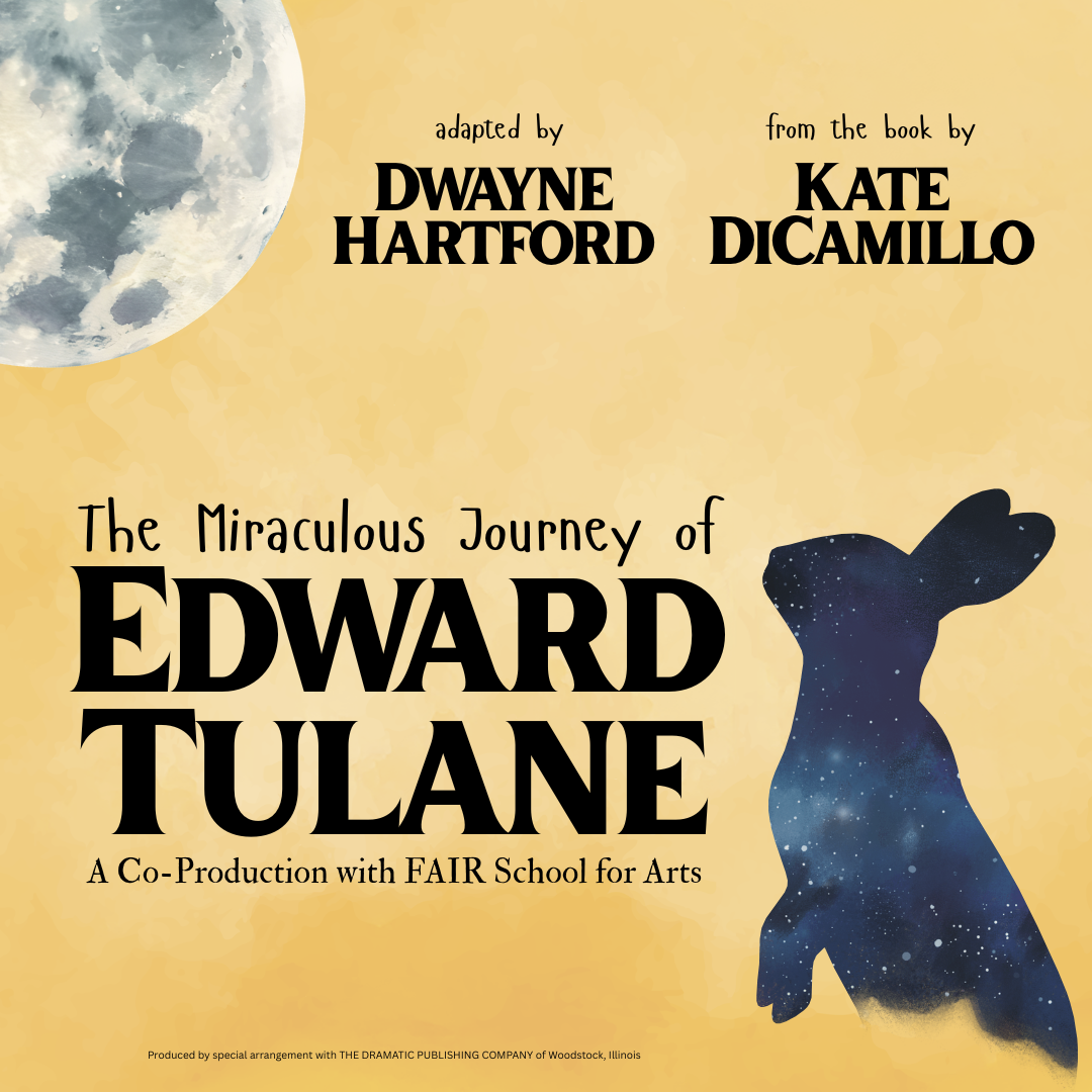Poster for The Miraculous Journey of Edward Tulane showing the silhouette of a rabbit filled with a starry night sky beneath a large moon on a warm yellow background.