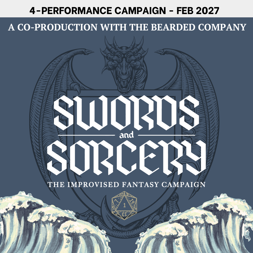 Swords & Sorcery Poster. Sketch of a dragon and a 20-sided die with waves.