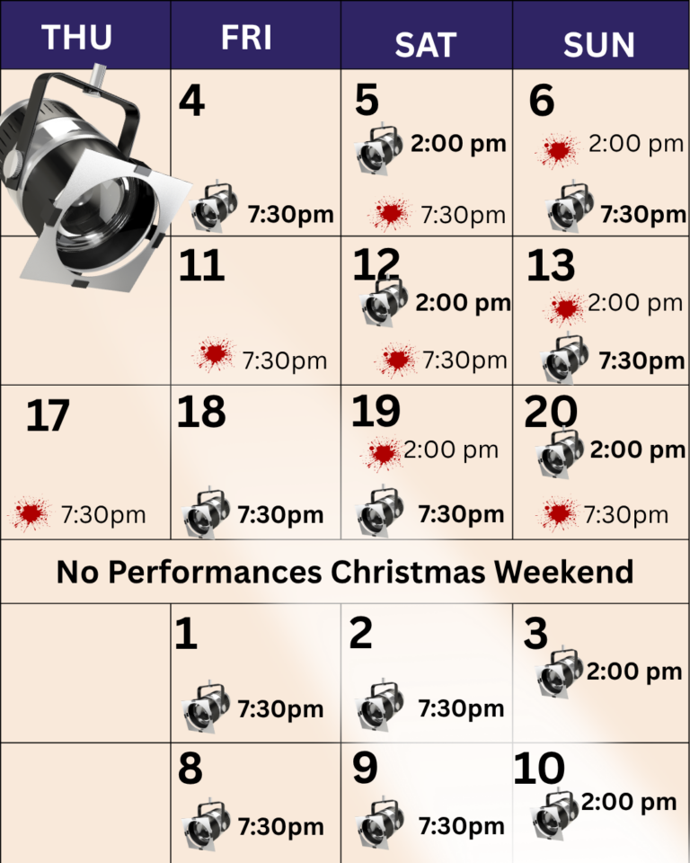 Show calendar schedule showing Dial M for Murder and Acting Can Be Murder running concurrently December 4-20. Specific dates and times can be found at ticketing.