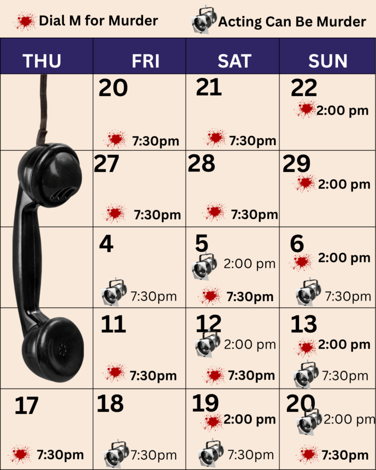 Show calendar schedule showing Dial M for Murder and Acting Can Be Murder running concurrently December 4-20. Specific dates and times can be found at ticketing.