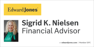 Sigrid K. Nielsen Edward Jones Financial Advisor. Photo of smiling blonde woman in a green top.