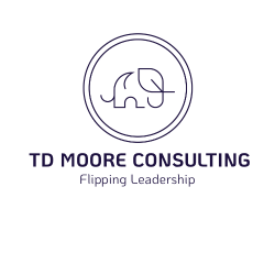 TD Moore Consulting: Flipping Leadership Logo: loose line drawing of an elephant in a circle. Minimal, whimsical, and clean.