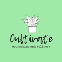 Cultivate Counseling and Wellness logo. A sketched houseplant on a light green background. Evokes casual and nurturing vibe.