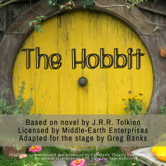 A yellow hobbit hole door with greenery around. Text: The Hobbit, based on the novel by J.R.R. Tolkien, Licensed by Middle-Earth Enterprises, Adapted for the stage by Greg Banks.