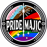 PrideMajic.com logo. Rainbow behind text in circular logo.