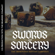 Five brown marbled multi sided dice. Swords and Sorcery.