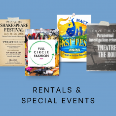 Rentals & Special Events. Bulletin board on TRP blue with flyers of upcoming events.