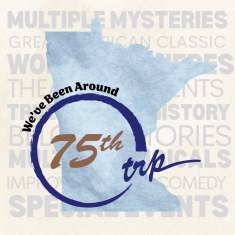 Shape of Minnesota with the 75th Season Logo over it: "We've Been Around: 75th TRP."