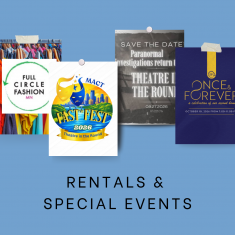 Flyers of upcoming Rentals and Special Events on a blue background