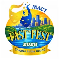 Fast*Fest Logo showing Minneapolis Skyline and comedy and tragedy masks in an illustrative style